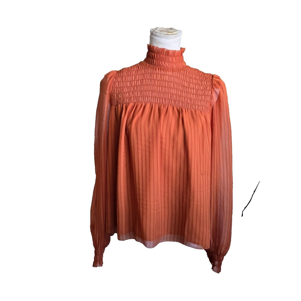 Reformation Womens Everly Orange Sheer Smocked Mock Neck Long Sleeve Blouse Sz S
